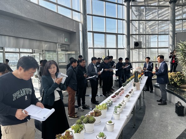 17일 경기도농업기술원 선인장다육식물연구소에서 열린 선인장과 다육식물 신품종 선발을 위한 육성 계통 평가회에서 참석자들이 연구소 관계자의 설명을 듣고 있다. (사진=경기도 제공)