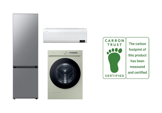 삼성전자 세탁기·냉장고·에어컨 제품과 탄소발자국 인증 로고 이미지 (사진=삼성전자)
