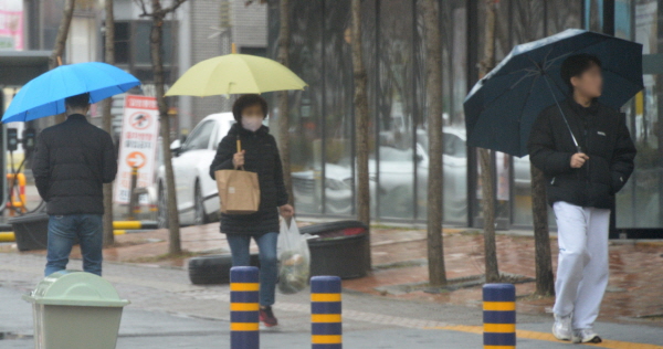 경칩(驚蟄)인 5일 전국 대부분 지역에 비가 내리겠다. 사진은 전북 전주시 덕진구 가련산로에서 시민들이 우산을 쓰고 발걸음을 옮기고 있는 모습. /뉴시스