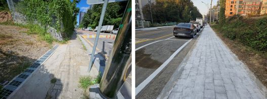 용인특례시 모현읍이 외대로 25번길 보행환경을 개선했다. 사진은 개선전(왼쪽)과 개선후(오른쪽) 모습 (사진=용인특례시)