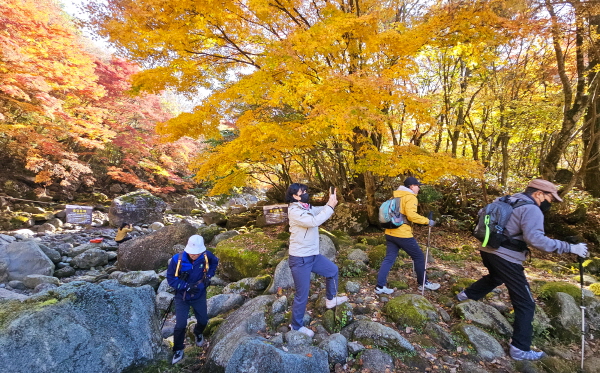 16일 일교차가 크지만 한낮에는 포근한 가을날씨가 이어지겠다. 사진은 제주 한라산 천아계곡을 찾은 탐방객들이 울긋불긋 물든 단풍을 즐기는 모습. /뉴시스