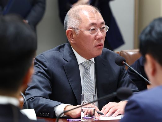 정의선 현대자동차 그룹 회장이 16일 서울 용산 대통령실 청사에서 열린 한미 관세협상 후속 민관 합동회의에서 발언하고 있다. (대통령실통신사진기자단/뉴시스)