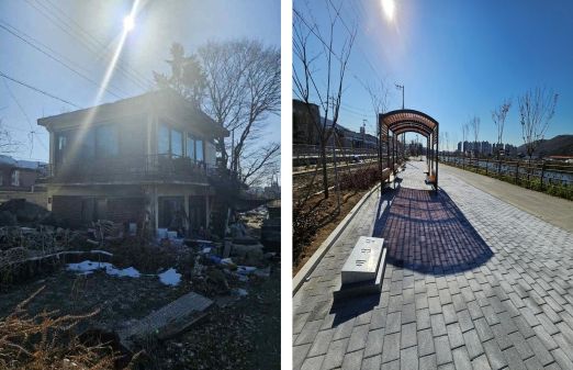 노후한 시설(사진 왼쪽)을 철거하고 새롭게 시민을 위한 수변공간(사진 오른쪽)으로 재탄생한 세심정 주변의 모습. (사진=용인특례시)